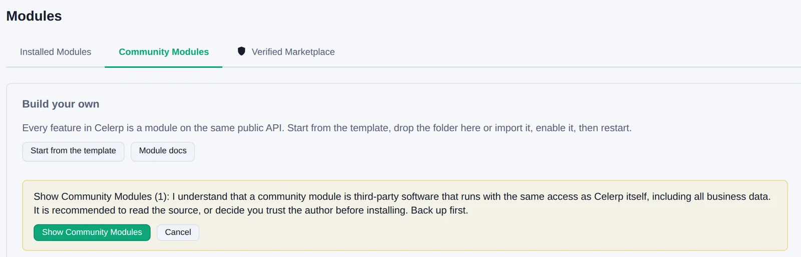 The Community Modules tab in Celerp, with the note about third-party modules and the Show Community Modules button.