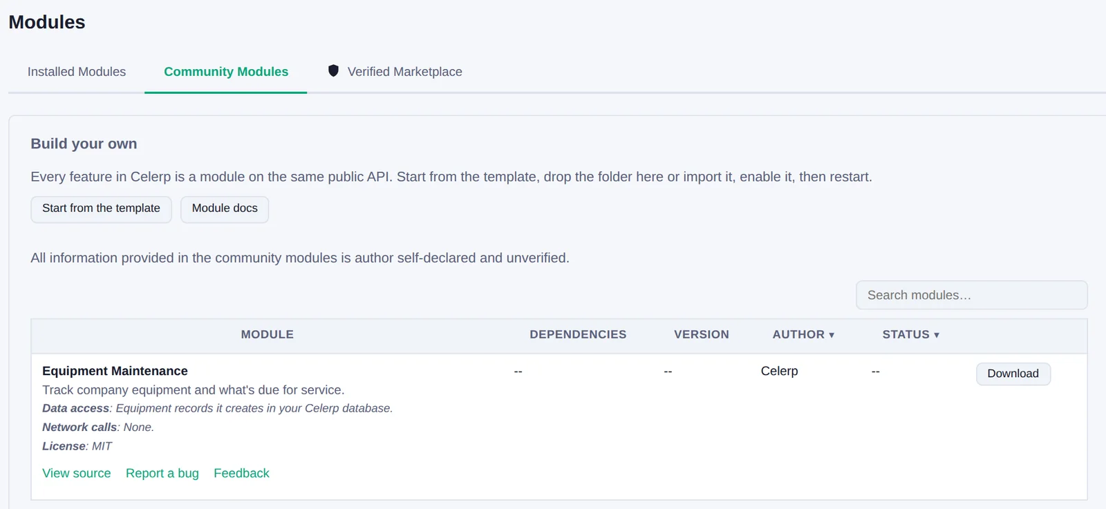 A community module listing in Celerp with its data access, network calls, license and a Download button.