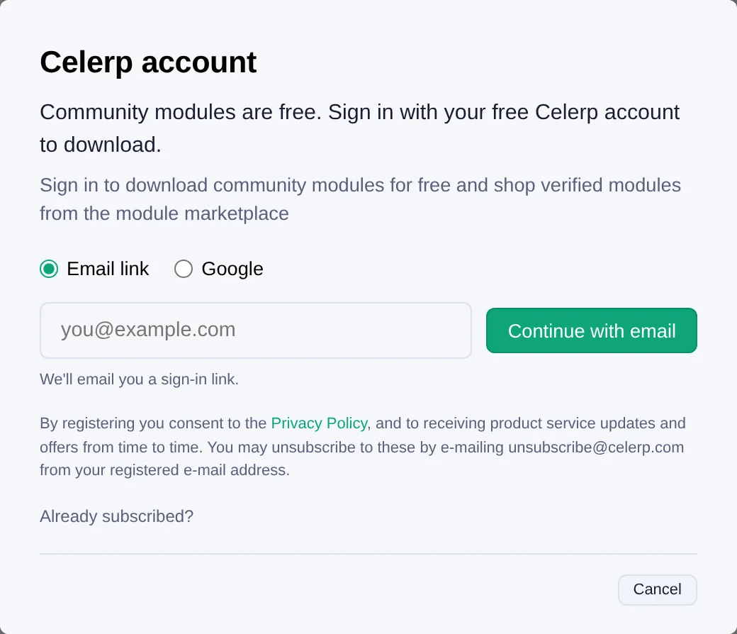 The Celerp account sign-in panel that appears on the first download.