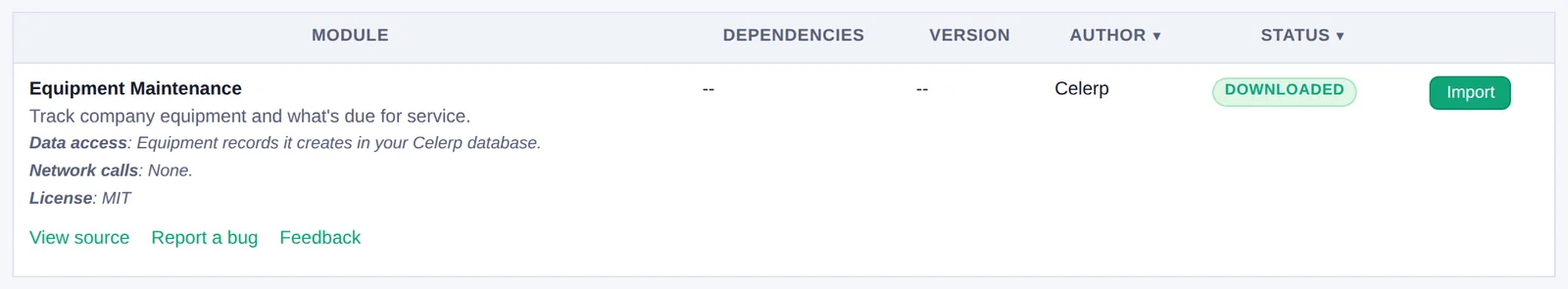 The module row showing Downloaded and an Import button.