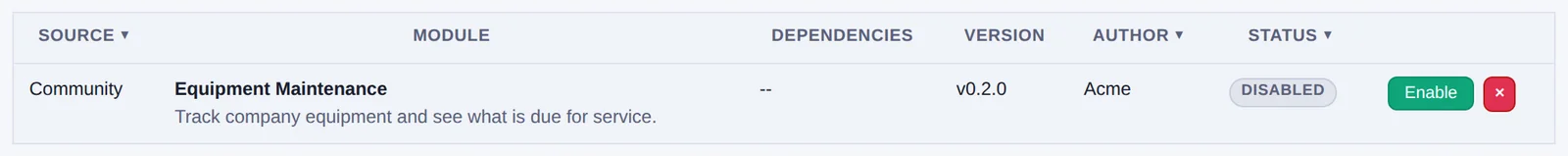 The imported module on the Installed Modules tab, disabled, with an Enable button.
