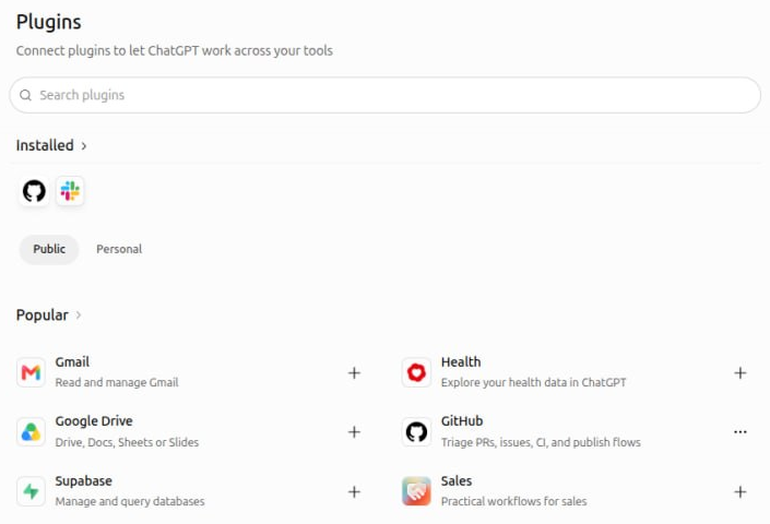 The Plugins page in ChatGPT, with GitHub listed under Popular as Triage PRs, issues, CI, and publish flows.