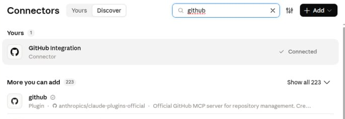 Claude's Connectors window searched for github, with GitHub Integration marked Connected.