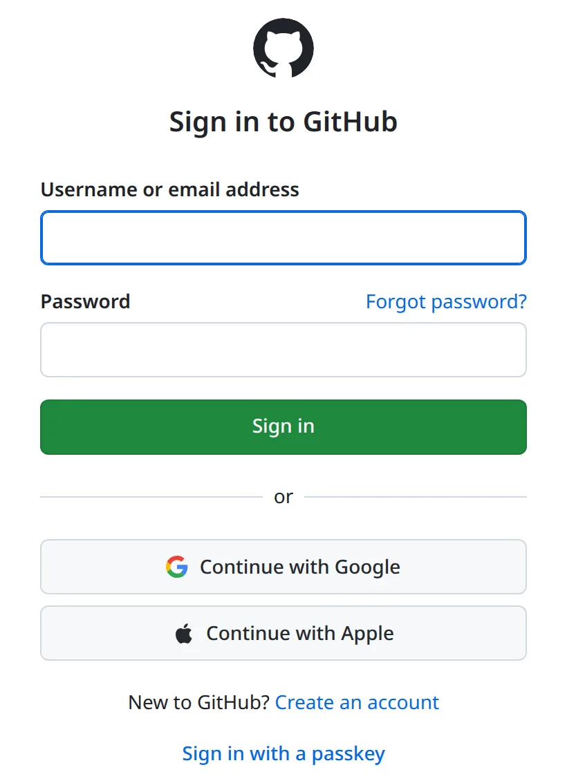 GitHub's Sign in to GitHub page, with Continue with Google, Continue with Apple, and the Create an account link.